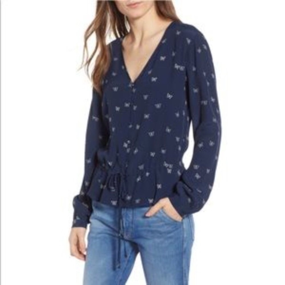 Rails Beaux Navy White Butterflies Blouse Size M